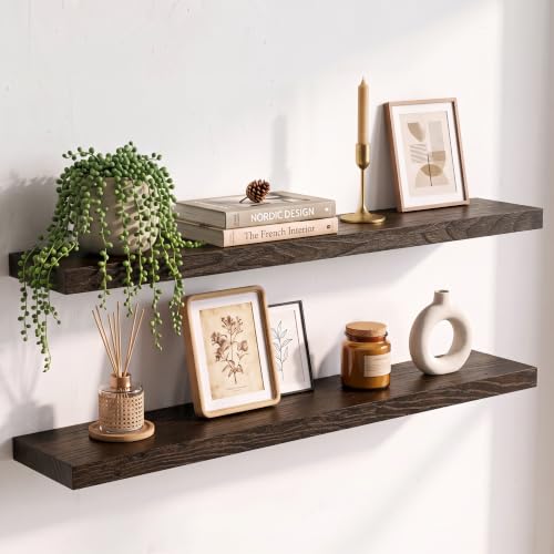 Image of Elm Floating Shelves for Wall - 36 in Rustic Solid Wood Shelves with Heavy-Duty Invisible Bracket, Wall-Mounted Wooden Shelf for Living Room, Bathroom, Kitchen Storage & Display, Set of 2, Walnut