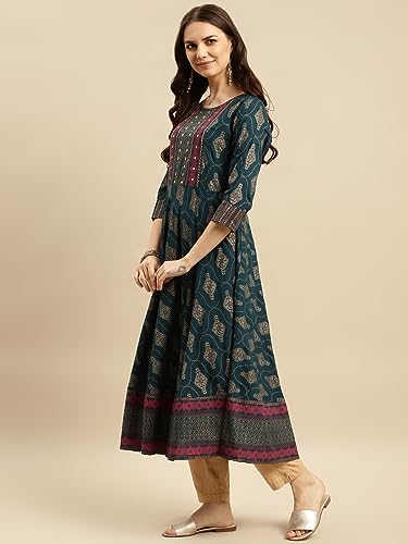 Image of rangita Teal Rayon Calf Length Embroidered Anarkali Kurti for Women | Kurta for Women