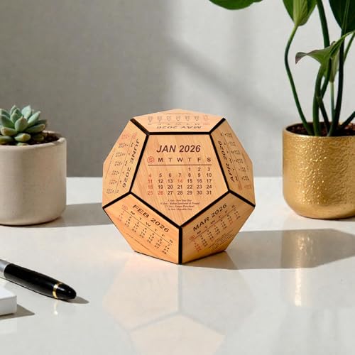 Image of GKD Wooden Pentagon Perpetual Calendar 2026 for Office Desk | 6 Inch Wooden Desk Calendar | Office Table Decor, Executive Desk Accessory, Corporate Gift