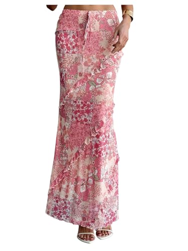 GORGLITTER Women's Floral Maxi Skirt Ruffle Trim Bodycon Pencil Flowy Long Skirts Summer Trendy Dressy 2025