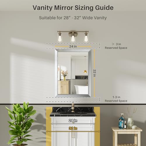 24x32 Inch Silver Bathroom Mirror for Wall, Thick Metal Framed Rectangle Mirrors for Over Sink, Bedroom, Living Room, Entryway, Anti-Rust, HD Tempered Glass