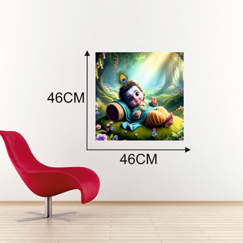Image of Techgifti Baby Krishna Sleeping Jungal Feather Wall Poster for Pooja Room, Office, Kids Room (Size- 46CM X 46CM)