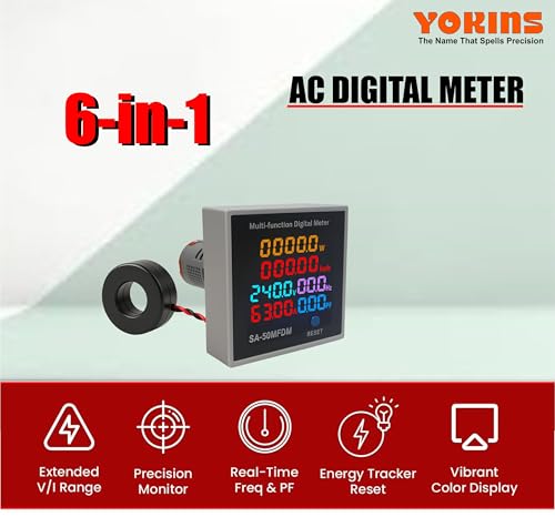 Image of YOKINS 6-in-1 Digital Multi-Function Power Meter | Multi-Function Energy Monitor with Voltage (AC 50-300V), Current (0-99.99A), Power, Frequency, Power Factor & kWh Display | Color LCD