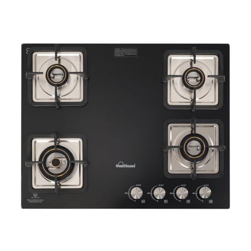 Image of Sunflame 4 Burner Built-In & Countertop Flexi Hob 65 cm Wide | 1 Large, 1 Medium, 2 Small Brass Burner | 5 Year Glasstop Warranty by Sunflame | Auto-Ignition | Ultra-Slim | Cast Iron Pan Support