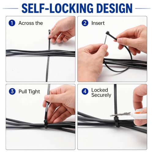 Image of Zip Ties 8 inch, 100 Pack Heavy Duty Black Zip Ties with 100 lbs Tensile Strength, Self-Locking Nylon Cable Ties,Wire Ties for indoor and outdoor use.