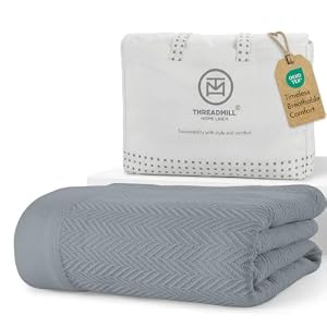 Threadmill Cotton Queen Blanket, Herringbone, Scottish Grey, 90×92 in | 100% Cotton, Herringbone Pattern, 350 GSM, 90×92 in, Breathable, Moisture-Wicking, All-Season, OEKO-TEX Certified