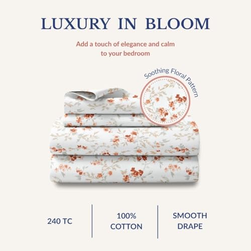 Image of Jaipur Weaves King Size Elastic Fitted Bedsheet, 100% Pure Cotton King Size Fitted Bedsheet for Double Bed with 2 Pillow Covers, 240 TC, 72x78 Inches up to 8-inch Mattress, Floral(Cherry Blossom)