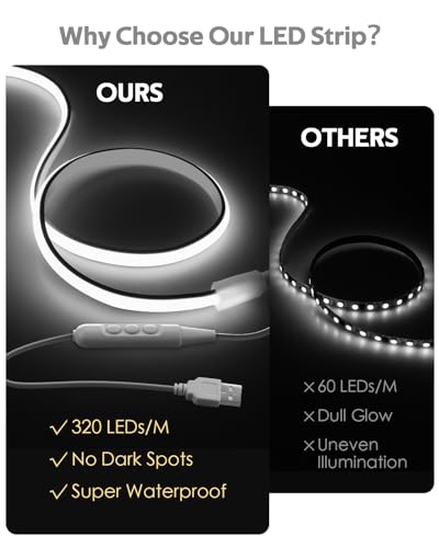 Image of 5V USB COB LED Light Strip with Dimmer 3.3FT Daylight White LED Rope Lights Indoor Tunable 6000K Super Density 320LEDs /M IP67 Waterproof LED Tape Light for Bedroom TV Backlight Mirror Decor