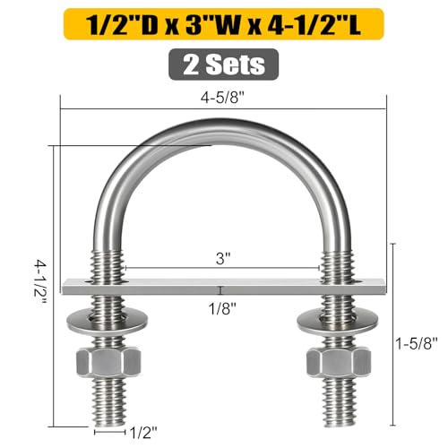Image of 2 Sets Round U Bolts, u-Bolts 3 Inch Wide, 304 Stainless Steel U Bolt,with Nuts,Bolt Plate and Washers for Boat Trailer Tube(1 /2 inch D x 3 inch W x 4-1 /2 inchL)