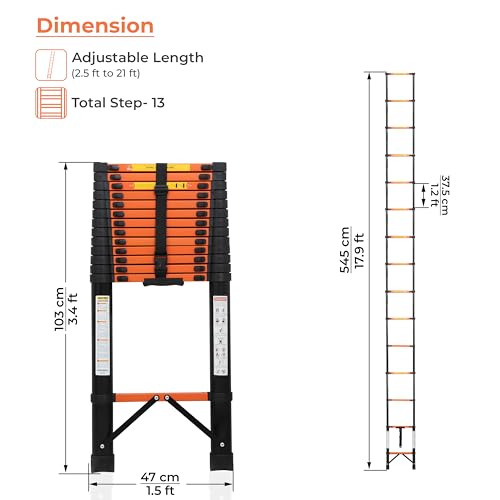 Image of Plantex 5.5m (18.04 ft.) Telescopic Ladder /Carbon Steel 14-Steps Portable & Compact Ladder /Foldable Multipurpose Collapsible Ladder for Home & Outdoor Use - (Orange)