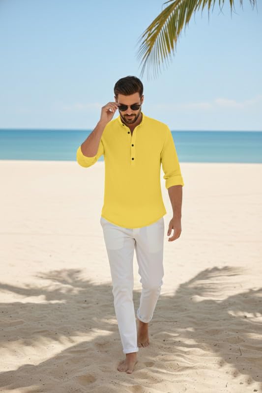 Image of Men's Cotton Blend Short Kurta with Collared Neck Full Sleeves Solid Pattern Western Style Regular Fit and Standard Length