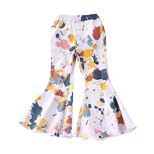 Cute Kids Girls Pull On Flared Pants Elastic Waist Ripped Denim Pants Colorful Doodle Stretch Bell Bottom Pants