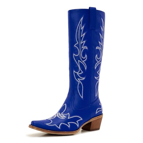 Image of Uillnoodu Women's Turquoise Cowgirl Boots - Wide Calf Mid Calf Western Boots Plus Size Embroidered Cowboy Style with Block Heel