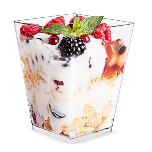 Plazotta 50 Stück 160 ml Dessertbecher mit 50 Probierlöffeln Dessertschalen Wiederverwendbar transparente quadratische Parfait-Vorspeisen-Schalen für Party Hochzeit