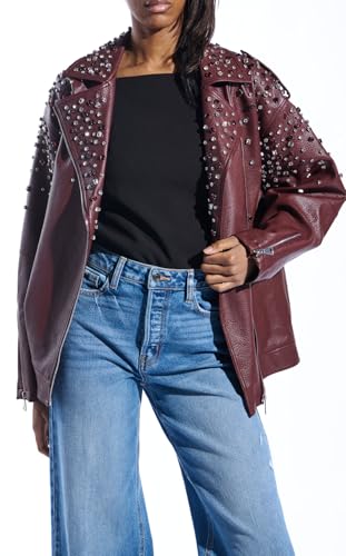 AZALEA WANG Catrine Rhinestone Oversized Moto Jacket — Burgundy Faux