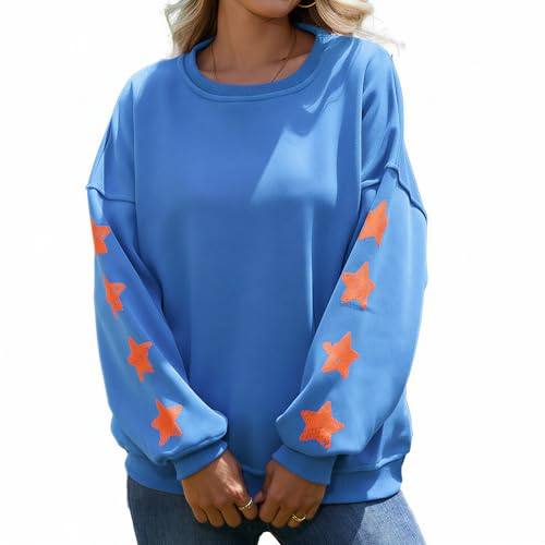 Fyralis Womens Oversized Crewneck Sweatshirt Thickened with Fleece Star Sleeves Long Sleeve Pullover Top (US Alpha Medium Regular Regular Sky Blue)