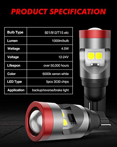 Image of Torchbeam 912 921 LED Bulb T15 Backup Light Bulbs Extremely Bright 3030 SMD Chipsets Error-Free 906 W16W for Back up Brake Reverse Lights 6000K Xenon White (Pack of 2)