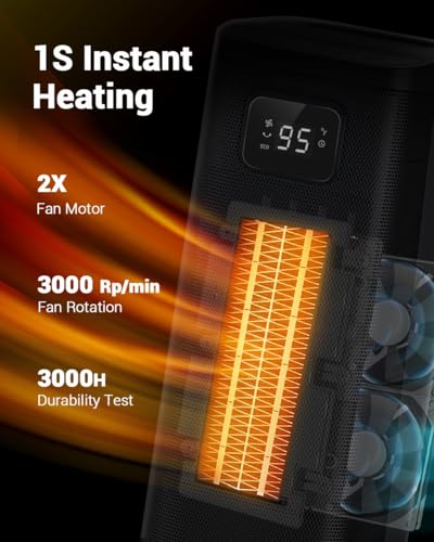 KopBeau Space Heater for Indoor Use, 1500W Electric Portable Tower Heater w/Thermostat & Timer, Oscillating Ceramic Room Heater with 4 Modes, LED Display, Safe for Office, Home, Bedroom,Black - Thumbnail 2