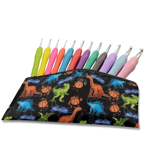 Image of Basketball Dinosaur Pencil Case for School Black Pen Holder for Toddler Kindergarten Wear Resistant Pencil Pouch with Zipper Closure for Little Boys