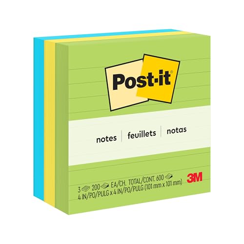 Post-it Notes, 4 in x 4 in, 3 Lined Sticky Notes Pads, 200 Sheets per Pad, Floral Fantasy Collection, New Year Organization or Second Semester School Supplies