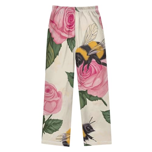 ZZXXB Bee Rose Flowers Boys Long Pants Soft Trousers Elastic Waist Kids Lounge Bottoms with Pockets S-XL2