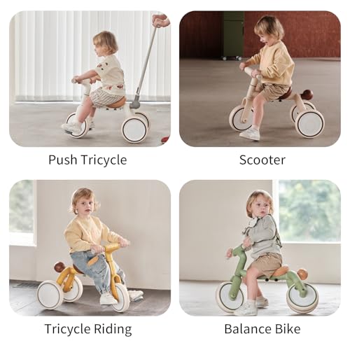 4 in 1 Toddler Tricycle with Adjustable Push Handle for 1 4 Year OldBirthday Gift and Toy for Boys and Girls Removable Pedals Balance BikeScooter Beige
