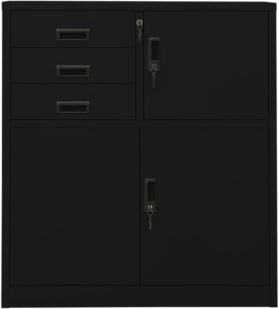 Black Steel Office Cabinet with Height-Adjustable Shelves and File Storage, Medium Size, Secure Locking System, Durable Construction for Workspace Organization