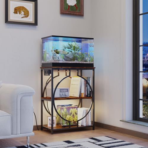 HavenlyYouth 10 Gallon Aquarium Stand with Power Outlet, 3 Tier Heavy Duty Metal Fish Tank Stand with Storage, Fish Tank Table for Home Office, 21.3\" x 11.8\" x 29\", Rustic Brown