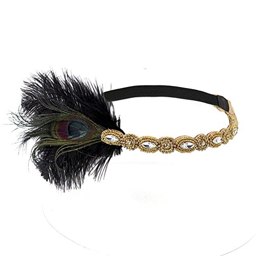 Vintage Blue Black Gold Beaded Pearl Peacock Feather 20s Headpiece 1920s Flapper Headband Roaring 20s Inspired Hairband (Gold)