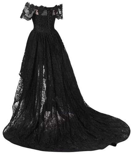 ZVOCY Lace Prom Dress Black Short Sleeve Hi Lo Evening Dress Off The Shoulder Formal Gown4