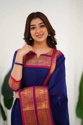 Image of TWINLIGHT Women's Kanchi Cotton Elephant Jaquard Work Kurta and Dupatta Set | V Neck 3 /4 Sleeves Straight Calf Length Kurti with Jaquard Border Work Dupatta | Kurti Set for Women