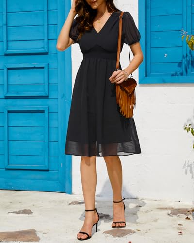 Holipick Women Summer Casual Dress Boho Floral V Neck Short Sleeves Smocked Waist Chiffon Swing Knee Length Dresses2