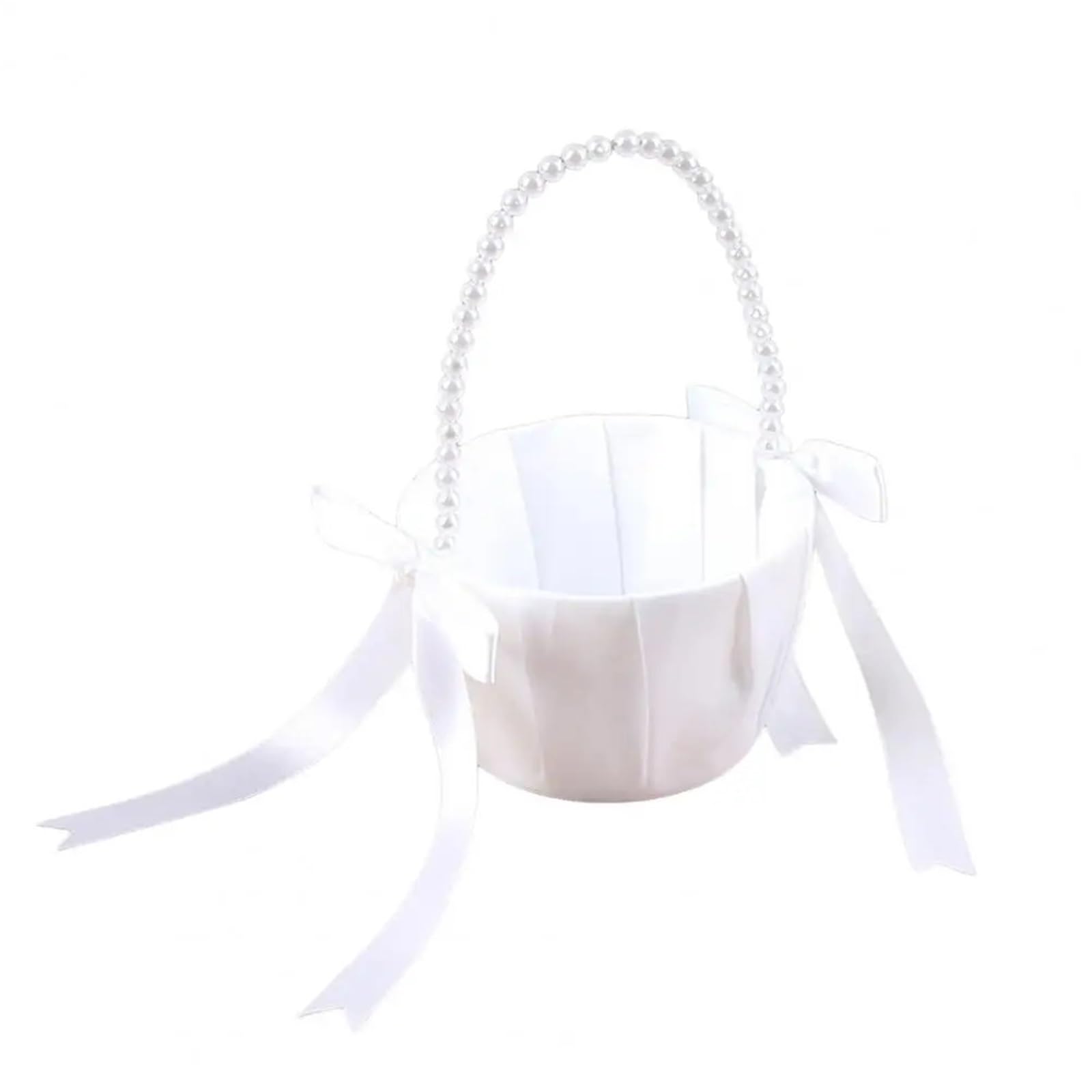 Wedding Petal Confetti Basket, White Flower Basket with Satin Bowknot and Faux Pearl Handle - 3.78 x 5.12 Inches