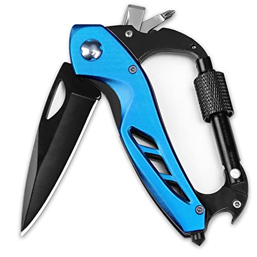 BEEK Multitool mit Karabiner, EDC Multitool Werkzeug mit Schraubendreher, Schlüsselanhänger Flaschenöffner, Outdoor Camping Zubehör, Gurtschneider, Klappmesser, Geschenke für Männer (Blau)