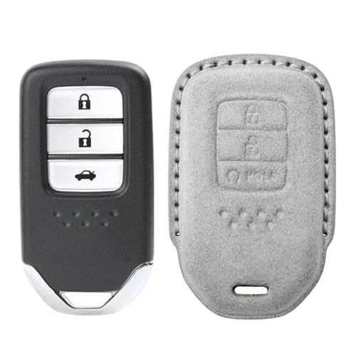 Image of KMH Alcantara Car Key Cover Compatible with Honda City, Civic, Jazz, Amaze, CR-V, WR-V, BR-V Models 3 Buttons Shell Case Holder Full Key Protector Smart Keycover (D2) Grey - Pack of 1