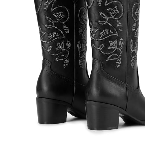 DREAM PAIRS Cowboy Boots for Women Cowgirl Western Boots Fashion Embroidery Stitched Chunky Heel Mid Calf Boots,Size 10,Black-Pu,DWUMMB2504