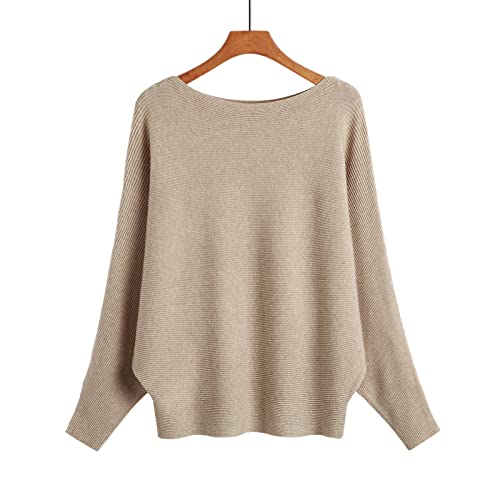 Image of Blostirno Women's Boat Neck Batwing Sleeves Dolman Ribbed Knitted Sweaters Pullovers Tops