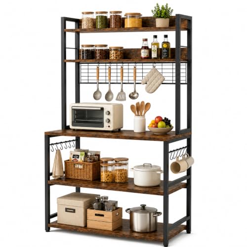 Image of 5-Tier Kitchen Organizer Rack-Multipurpose Microwave Stand for Kitchen Platform & OTG Oven-Steel Utensils Storage Shelf with Hooks - Engineered Wood & Metal Rack for Home- 100x40x170 cm - Rustic Brown