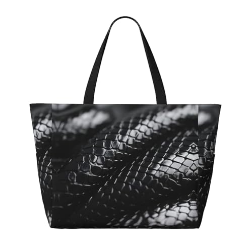 snake skin black and white Print Large Capacity Foldable Washable Zipper Beach Travel Tote Bag ShoppingBag2