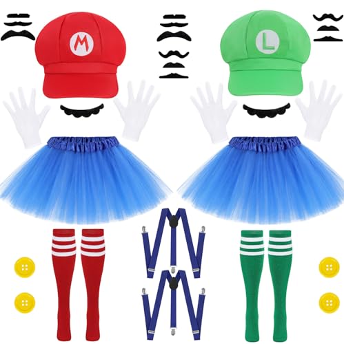 Double Set Plumber Costume Women Tutu Outfit Retro Game Inspired Duo Costume Red Green Hats Skirt...