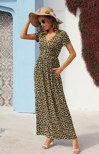 Image of GRECERELLE Womens Summer Long Maxi Dresses 2026 Short Sleeve V Neck Casual Button Dress with Pockets
