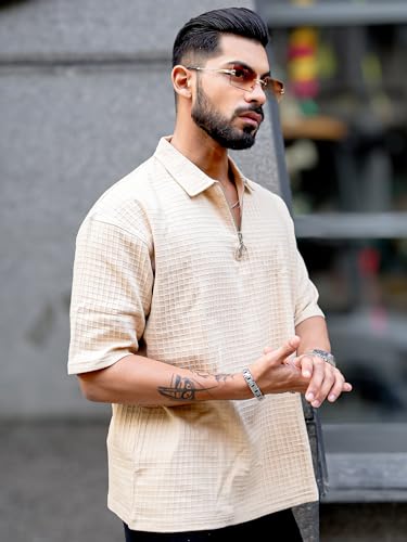 Image of Maniac || Mens || Solid Textured || Polo Neck || 3 /4th Sleeve || Cotton || Oversized Polo T-Shirt