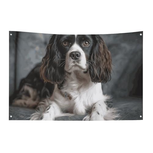 Drapeaux de cour double face en tissu premium avec illustration Épagneul de printemps