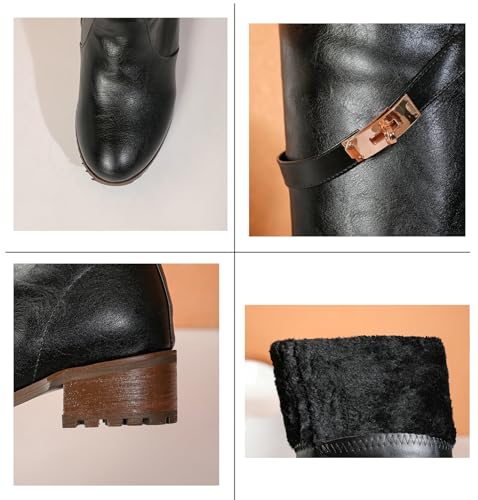 Women's Knee High Boots Round Toe Elastic Low Heel Flat Riding Boots Fashion Winter Shoes with Belt Buckle4