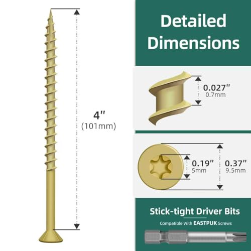 Image of Deck Screws 4 Inch, Wood Screws #10x4, 97 PCS 2lb, Rust Resistant Exterior Epoxy Coated Outdoor Decking Screws, Torx /Star Drive Head Deck Screw, T25 Star Bit Included, Tan by EASTPUK