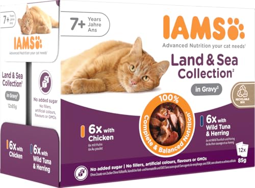 IAMS Delights Senior Katzenfutter Nass - Multipack mit Huhn und Fisch in Sauce, hochwertiges Nassfutter für ältere Katzen ab 7 Jahre, 12 x 85 g