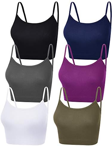 6 Pieces Women Crop Cami Top Sleeveless Spaghetti Strap Tank Top for Sports Yoga - Black, Navy Blue, Grey, White, Purple, Dark Green Medium