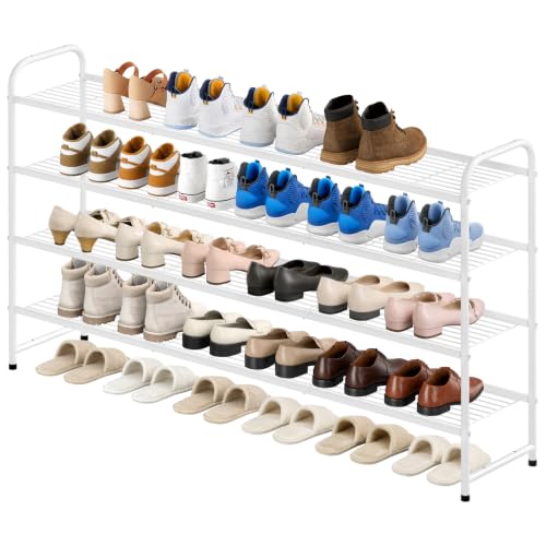 Image of KEETDY 4-Tier Long Shoe Rack for Closet Floor, Wide Shoe Organizer Storage, Stackable Shoe Rack for Entryway Metal Shoe Shelf for 30 Pairs Men Sneakers with Wire Grid for Bedroom, White