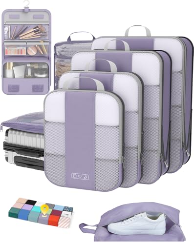 Image of OlarHike 8 Set Compression Packing Cubes for Travel Essentials,Compressible Expandable Space Saver Bags for Organizing Clothes,Luggage Suitcase Garment Bags with Over 1000 pcs Mesh Holes(Purple Gray)