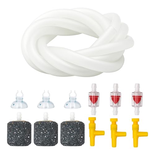 水槽用セット 13点セット-エアストーン エアー チューブ-長さ2M、内径8mmのシリコンホース-エアストーン 3 個 - エア調整バルブ 3 個 - 逆流防止バルブ 3 個 - 固定バックル吸盤 3 個-水槽、タンク、水族館に適しています